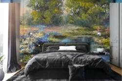 Carta da Parati prato con fiori fiume e alberi dipinto