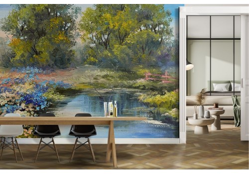 Wallpaper of meadow with flowers, river and painted trees 2