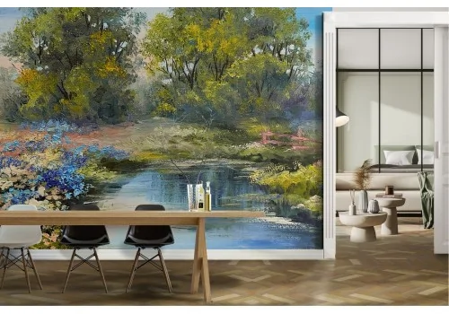 Wallpaper of meadow with flowers, river and painted trees 2