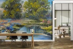 Carta da Parati prato con fiori fiume e alberi dipinto