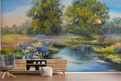 Carta da Parati Dipinti e Acquerelli Foglie e Fiori Natura