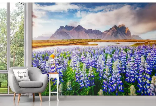 Carta da Parati prato fiori con montagne 2