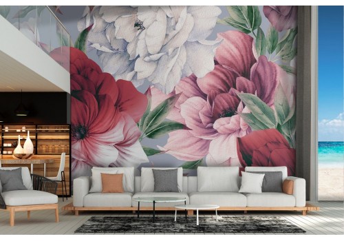 Red and white painted flowers wallpaper