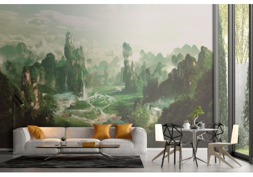 Fantasy forest landscape wallpaper among mountains