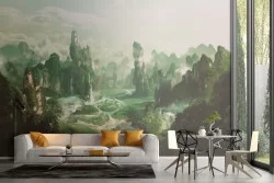 Fantasy forest landscape wallpaper among mountains