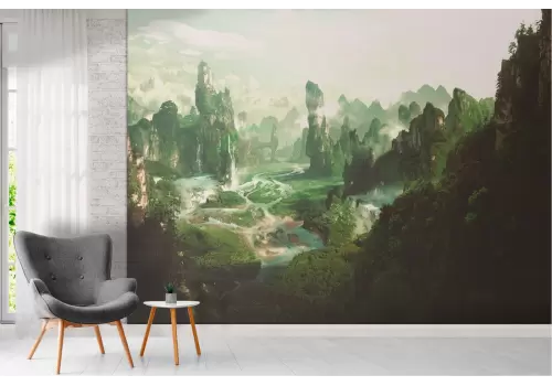 Carta da Parati paesaggio foresta tra montagne fantasy 2