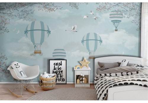 Wallpaper with hot air balloons and airplanes in the sky children's illustration