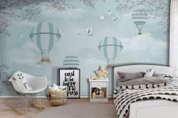 Wallpaper with hot air balloons and airplanes in the sky children's illustration