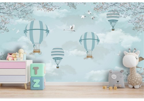 Wallpaper with hot air balloons and airplanes in the sky children's illustration 2