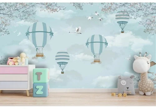 Wallpaper with hot air balloons and airplanes in the sky children's illustration 2