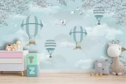 Wallpaper with hot air balloons and airplanes in the sky children's illustration