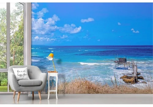 Beach wallpaper with sea view landscape and fishing hut 2