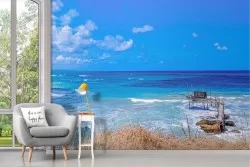 Beach wallpaper with sea view landscape and fishing hut
