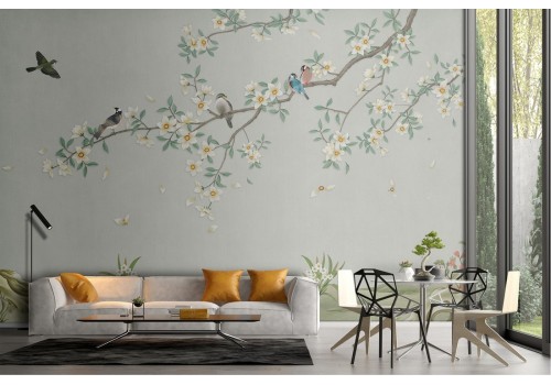 Carta da Parati pesco in fiore con uccellini natura illustrazione