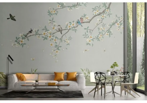 Wallpaper with blooming peach tree and little birds nature illustration