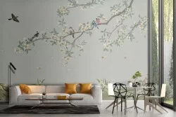 Carta da Parati pesco in fiore con uccellini natura illustrazione