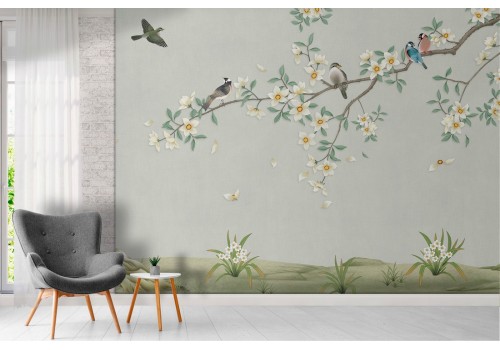 Wallpaper of blooming peach tree with little birds nature illustration 2
