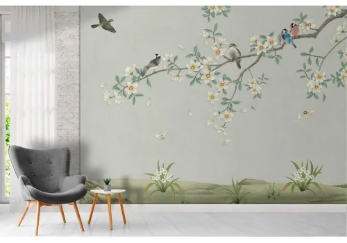 Wallpaper of blooming peach tree with little birds nature illustration 2