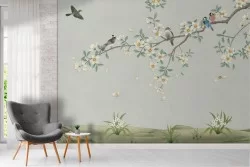 Carta da Parati pesco in fiore con uccellini natura illustrazione