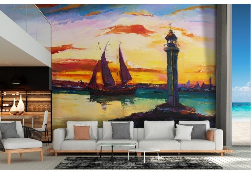 Wallpaper port sea with boats and painted lighthouse