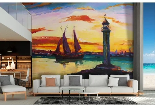 Wallpaper of sea port with boats and painted lighthouse