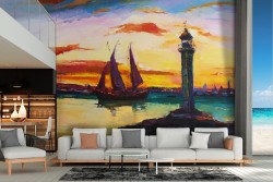 Wallpaper port sea with boats and painted lighthouse