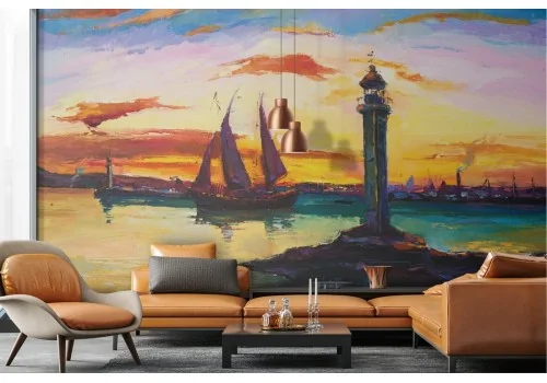 Wallpaper port sea with boats and painted lighthouse 2