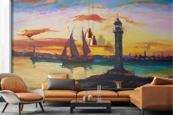 Wallpaper port sea with boats and painted lighthouse