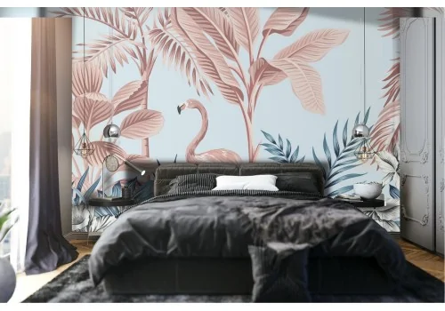 Abstract tropical forest wallpaper with flamingo