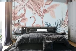 Abstract tropical forest wallpaper with flamingo