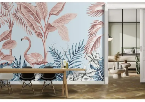 Abstract tropical forest wallpaper with flamingo 2