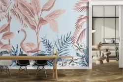 Abstract tropical forest wallpaper with flamingo