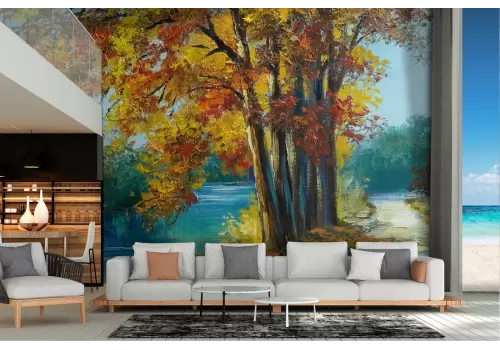 Carta da Parati strada nella foresta con fiume natura autunno