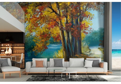 Wallpaper road in the forest with river autumn nature