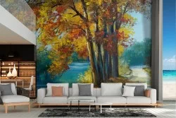 Carta da Parati strada nella foresta con fiume natura autunno