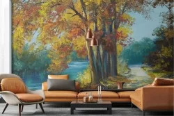 Wallpaper road in the forest with river autumn nature