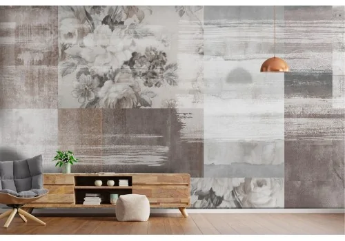 Cement surface wallpaper with painted flowers