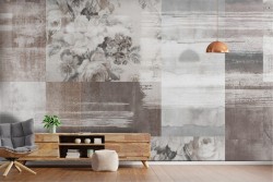 Cement surface wallpaper with painted flowers