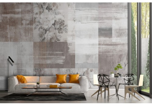 Cement surface wallpaper with painted flowers 2