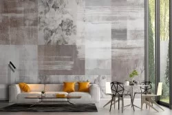 Cement surface wallpaper with painted flowers