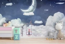 Carta da Parati paesaggio cielo con luna e bambino