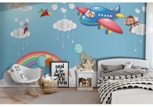 Airplane and animals wallpaper illustration for children