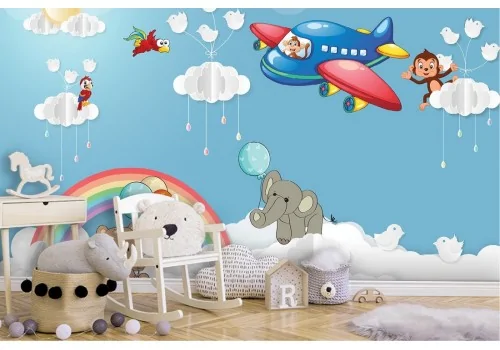 Airplane and animals wallpaper illustration for children 2