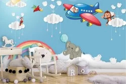 Airplane and animals wallpaper illustration for children
