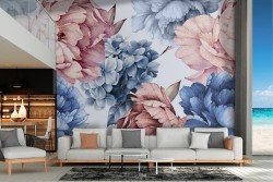 Carta da Parati fiori rosa e azzurro illustrazione natura