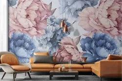 Carta da Parati fiori rosa e azzurro illustrazione natura