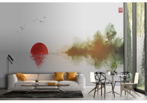 Wallpaper landscape lake sun red with nature