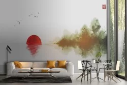 Carta da Parati paesaggio lago sole rosso con natura
