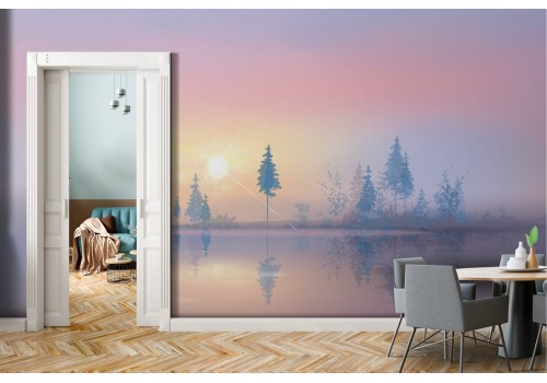 Wallpaper lake with trees painted landscape