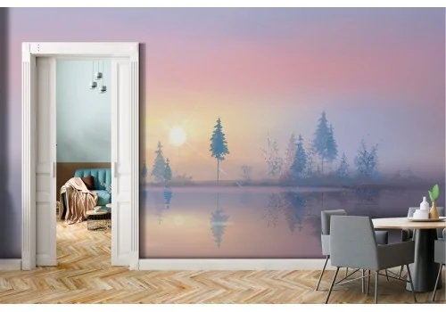 Wallpaper lake with trees painted landscape